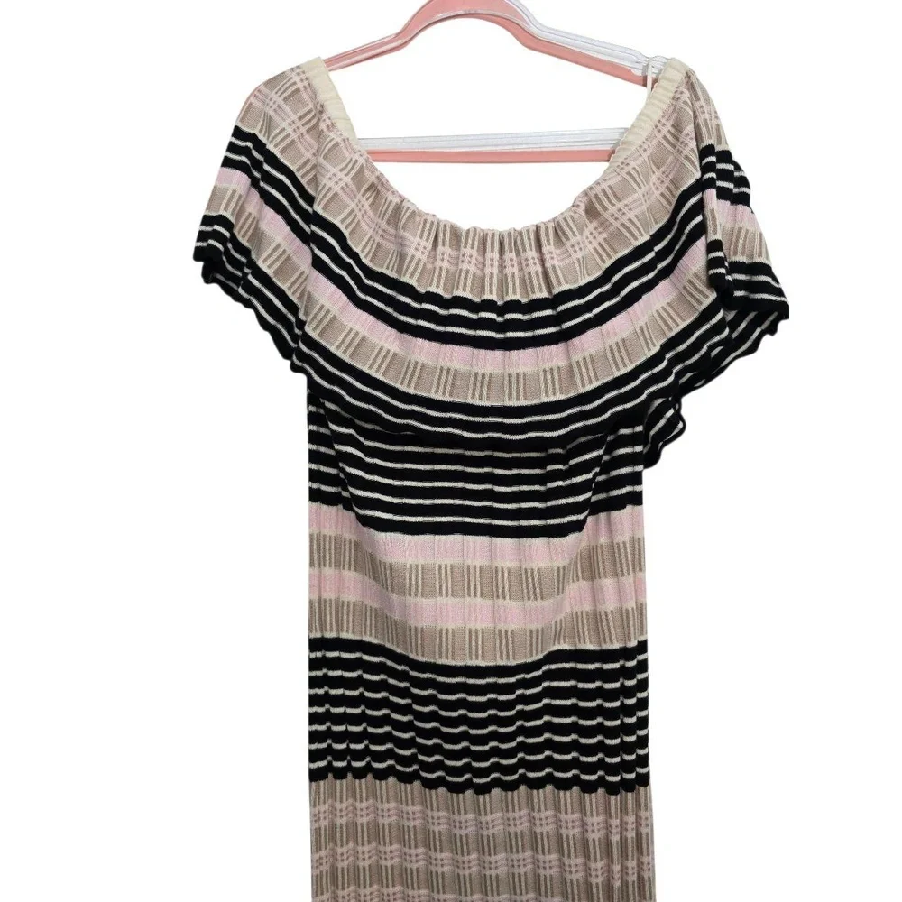 Free‎ People Midi Dress Large Black Beige Striped Off-Shoulder Ruffle Knit